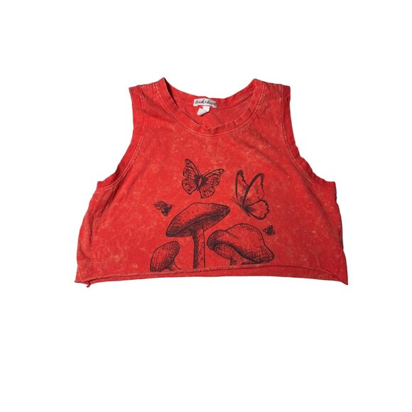 Derek Heart Size Medium Acid Wash Orange Mushroom Butterfly Cropped Tank Top - Picture 1 of 6